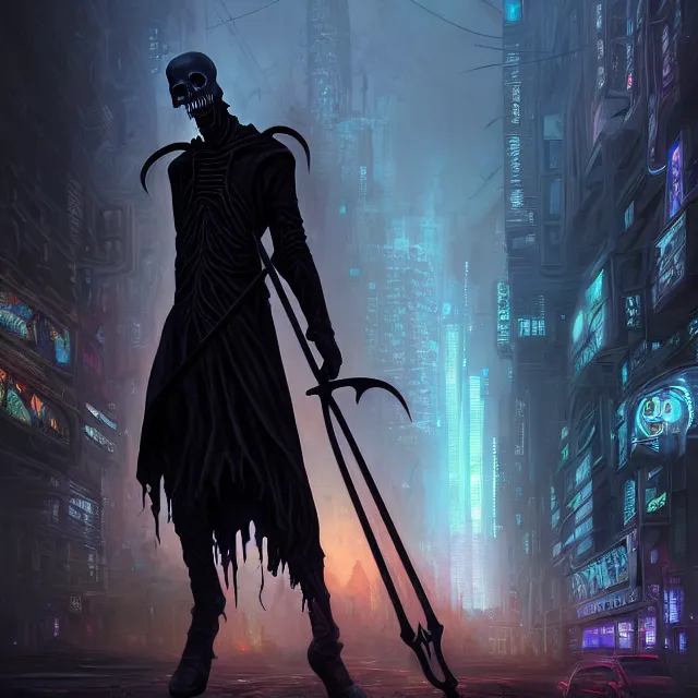 Prompt: Beautiful portrait 3d render of the gothic grim reaper with a scythe, centered face, portrait, atmospheric lighting, painted, intricate, volumetric lighting, beautiful, rich deep colors masterpiece, sharp focus, ultra detailed, in the style of Dan Mumford and marc simonetti, with a crowded futuristic cyberpunk city in the background, astrophotography