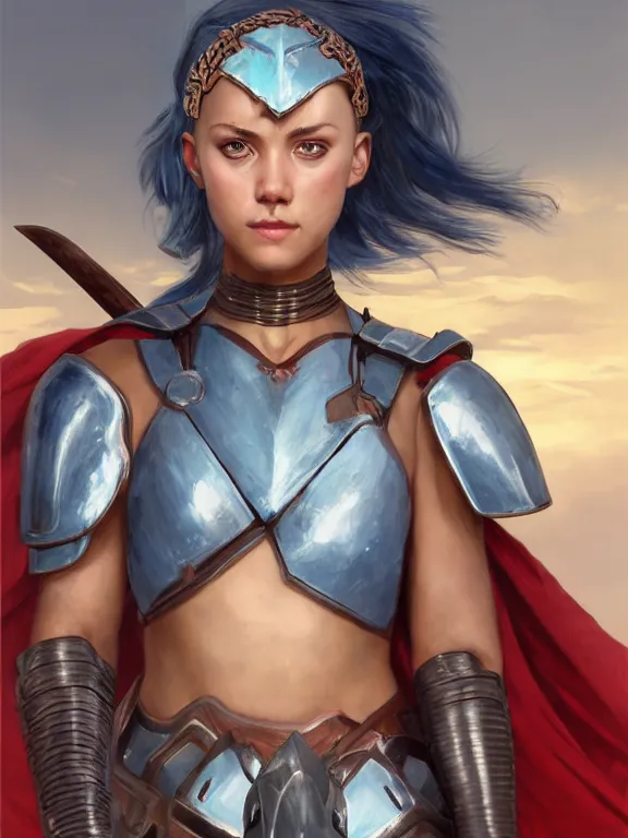 Prompt: frontview portrait of gladiator warrior lady, young, beautiful, skinny, dark skin, light blue hair, ponytail, big open green eyes, cute, red heavy armor, axes, posing, coliseum background, love interest, highly detailed, smooth, sharp focus, digital painting, artgerm and greg rutkowski and alphonse mucha