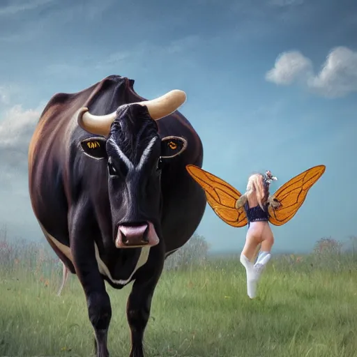 Prompt: Cow with fairy!!!!! wings, full-body portrait, trending on arstation, photorealistic resolution, 4k, 8k