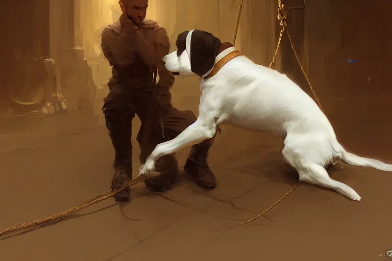 Image similar to a man tied to a pole, jack russel terrier pissing on him, highly detailed, digital painting, artstation, concept art, smooth, sharp focus, illustration, cinematic lighting, art by artgerm and greg rutkowski and alphonse mucha