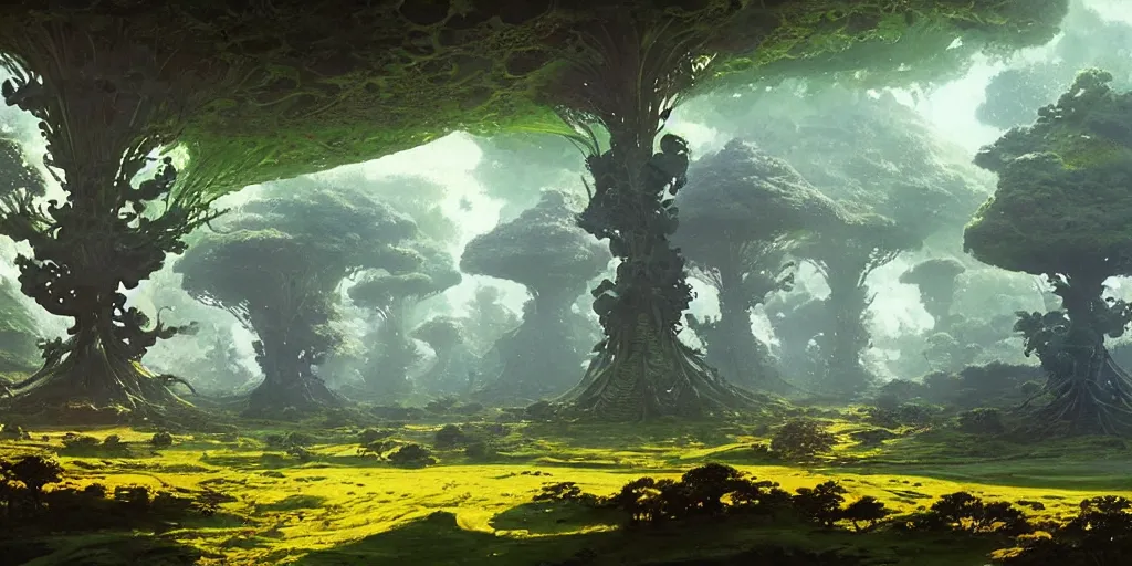 Image similar to botanical, extraterrestrial trees with fractal fruits, morning, quiet planet, teratology, land, roger dean, john berkey, james gurney, greg rutkowski, artstation