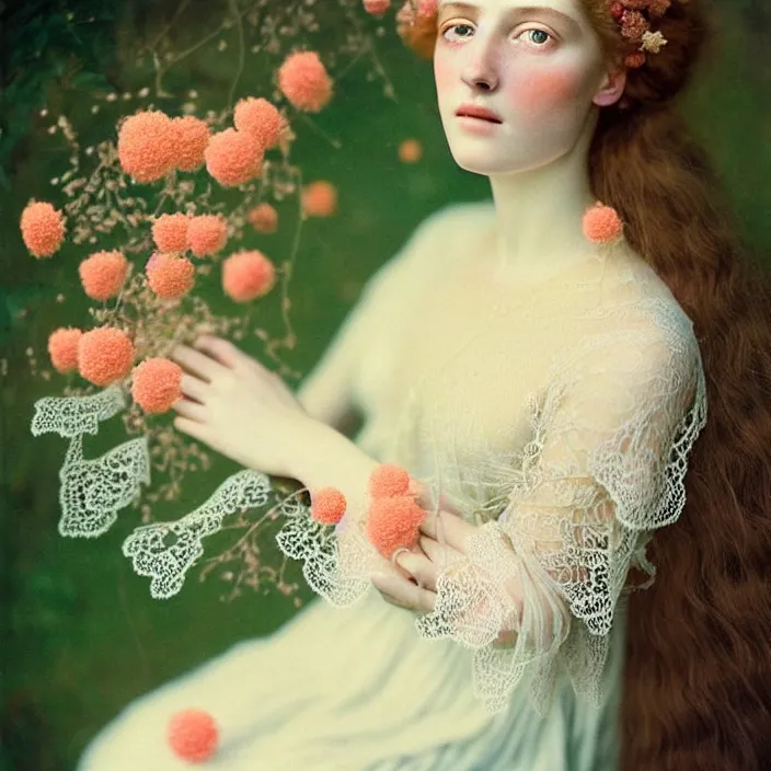Image similar to Kodak Portra 400, 8K, soft light, volumetric lighting, highly detailed, britt marling style 3/4 ,portrait photo of a beautiful woman how pre-Raphaelites painter, a beautiful lace dress and detailed flowers adorning her hair, and ethereal coral and shells dress ,white pearls on her beautiful face, Realistic, Refined, Highly Detailed, natural outdoor soft pastel lighting colors scheme, outdoor fine art photography, Hyper realistic, photo realistic