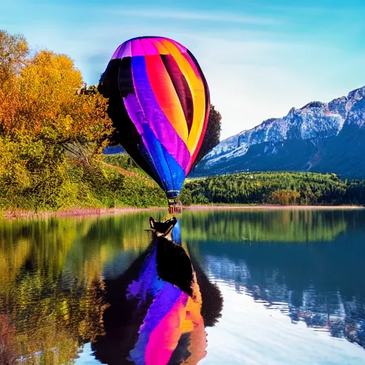 Image similar to photo of two black swans touching heads in a beautiful reflective mountain lake, a colorful hot air balloon is flying above the swans, hot air balloon, intricate, 8k highly professionally detailed, HDR, CGsociety