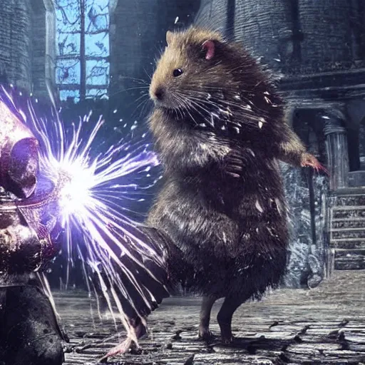 Image similar to A hamster in dark souls 3 fighting Irithyll of the Boreal Valley