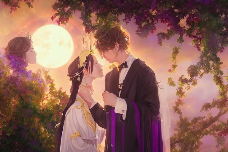 Image similar to a cinematic portrait of wedding photograph jpeg close up moment of a divine a japan sun god and moon goddess lovers magician at a wedding banquet. portraiture. digital painting. artstation. concept art. wedding photo. digital painting. violet evergarden art masterpiece by art by krenz cushart