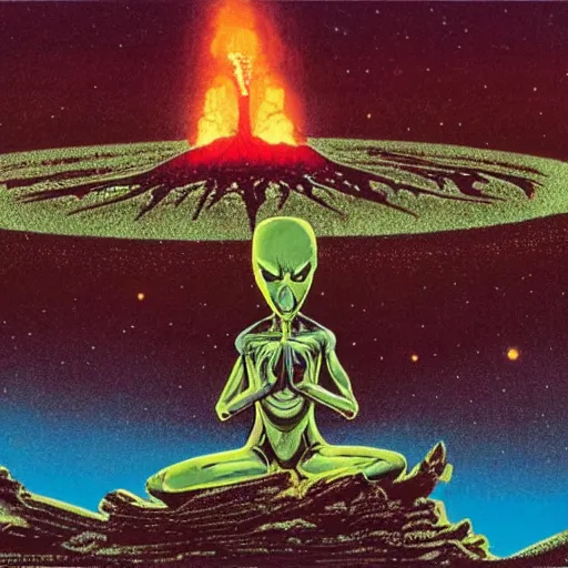 Prompt: an alien meditating in front of a giant black power fist in the center, worshipped by aliens dancing in lava fields by victor moscoso and john berkey