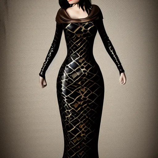 Prompt: curvy feminine hot goth cutie with sublime modest elegant patterned bronze-black snakeskin leather neck-high gown, cgsociety, photorealistic, comfy ambience, idealistic, 16k, smooth, sharp focus, trending on ArtStation, volumetric lighting, fully clothed, worksafe