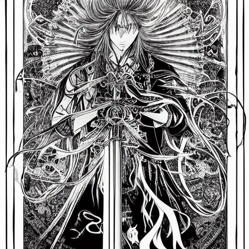 Prompt: highly detailed perspective drawing black and white goetic pen and ink manga panel by hiroya oku!! mucha illustrated sorcerer beautiful attractive long hair chris bell fxv flowing ritual royal!!! vagabond! manga panel swords dramatic esoteric!!!!!! long hair flowing dancing illustrated in high detail by frank miller, shonen jump