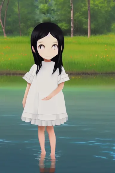 Image similar to mysterious little girl with her long black hair dressed in a simple white dress in lake, anime art style, digital artwork made by ilya kuvshinov, inspired in balthus, hd, 4 k, hyper detailed, side view