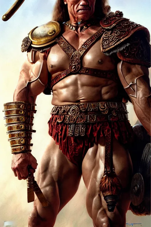 Image similar to old arnold schwarzenegger as a roman gladiator, fantasy, intricate, artstation, full body, concept art, smooth, sharp focus by huang guangjian and gil elvgren and sachin teng, 8 k