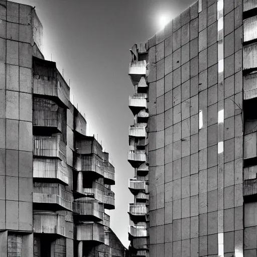 Image similar to a furturistic brutalist complex built in brutalism architecture, ten by ten kilometers large, with lush gardens and forests between the buldings, diverse unique building geometry full of shapes and corners, photography at night