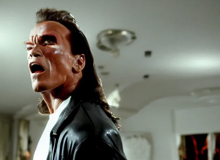 Image similar to arnold schwarzenegger in a still from the movie The Room (2003)