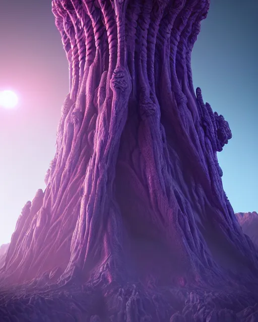 Prompt: detailed painting giant alien tower carved out of complex bone with royal purple quartz rendered in cinema 4 d octane