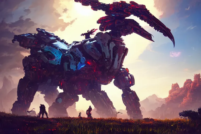 Image similar to ravager machine mecanical creature robot of horizon forbidden west horizon zero dawn radiating a glowing aura global illumination ray tracing hdr fanart arstation by ian pesty and alena aenami artworks in 4 k