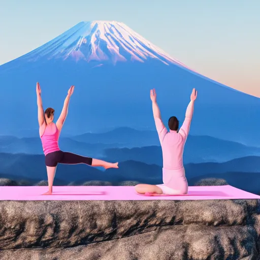 Image similar to two people doing yoga, on a ledge overlooking Mount Fuji - light pink coloring, 8k render octane,