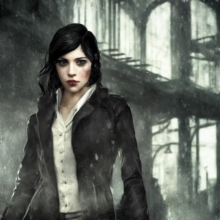 Image similar to cute emily from dishonored in dunwall city, beautiful face, pale skin, rule of thirds, cinematic lighting, rainy weather, melancholy atmosphere, sharp focus, backlit, stunning, model agency, smooth, hard focus, full body shot, instagram photo, shot on iphone 1 3 pro max, hyper realistic, cinematic