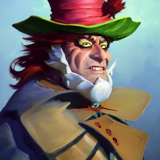 Image similar to greg manchess portrait painting of partially armored mad hatter from alice in wonderland as overwatch character, wacky, medium shot, asymmetrical, profile picture, organic painting, sunny day, matte painting, bold shapes, hard edges, street art, trending on artstation, by huang guangjian and gil elvgren and jesper ejsing