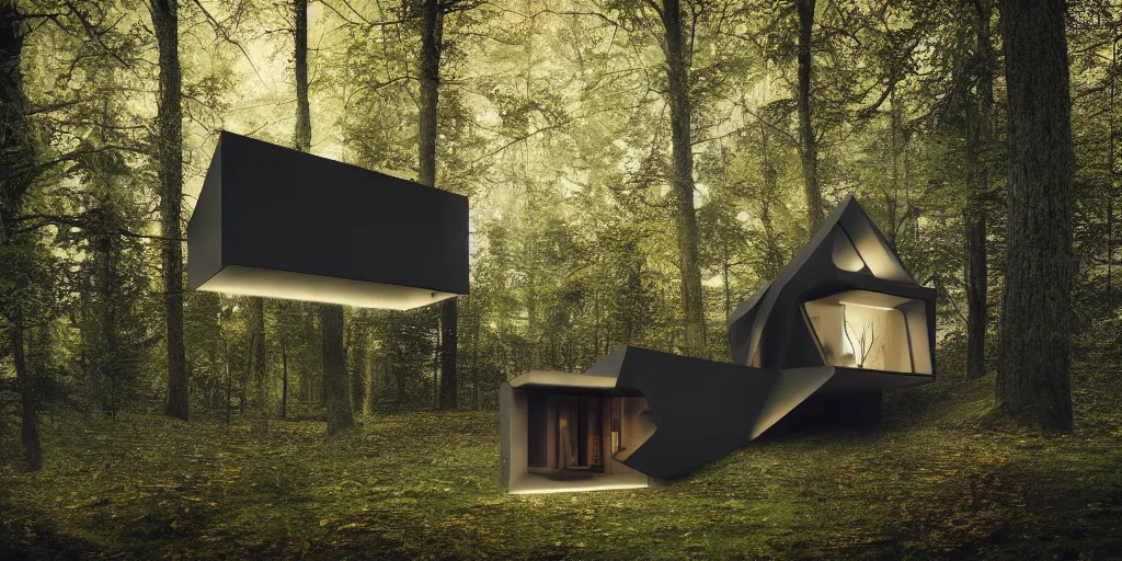 Image similar to modern tiny house in an ominous forest designed by zaha hadid, cinematic lighting, deep focus, sharp focus, golden ratio, dramatic illumination, hdr, ultra realistic, 8 k, highly detailed, trending on artstation, epic composition, by caravaggio, by artemisia lomi gentileschi