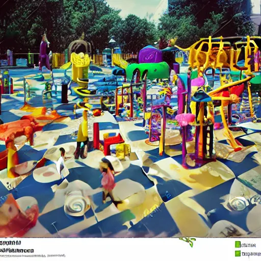 Image similar to colorful and bright chessboard on a playground made of children’s toys, award winning photography, wide shot, vintage 70s scanned magazine ad