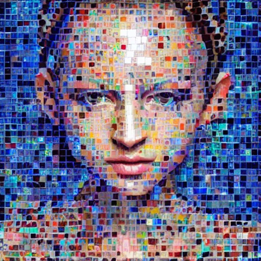 Image similar to mosaic portrait of a beautiful cute girl with robot ears by Saimir Strati, 4k, intricate details, digital, water