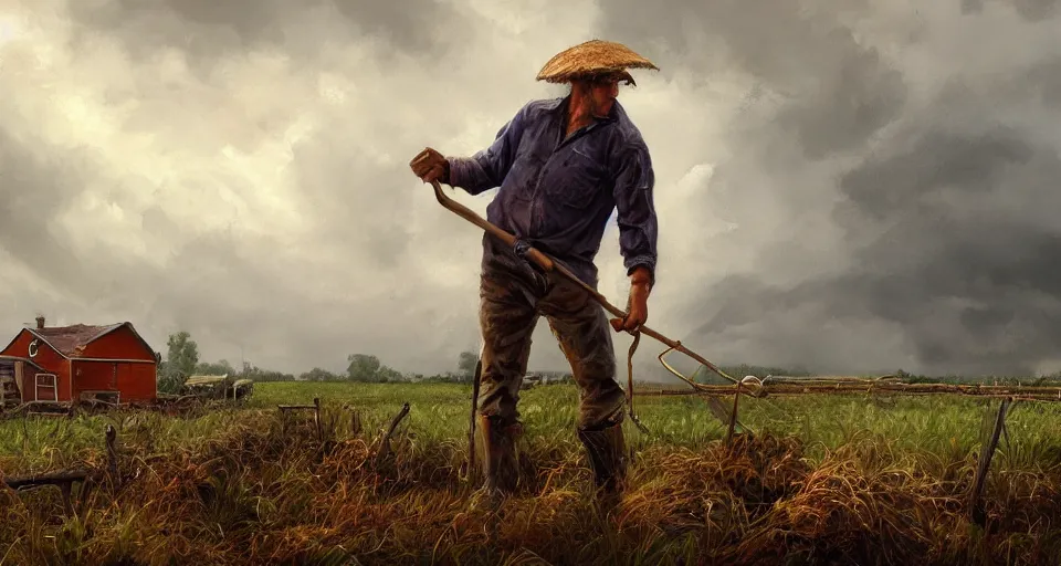 Image similar to man working in a farm, storm, high quality high detail painting, hd, artstation,