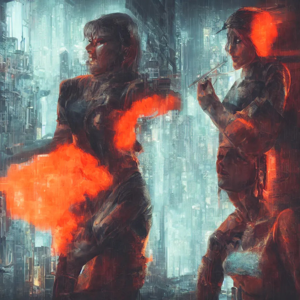 Image similar to portrait of beautiful guard hiding her chest with her arms, dystopian cyberpunk orange smoke detailed