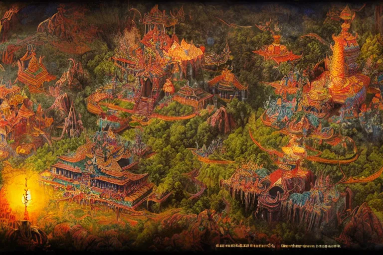 Image similar to the mythical buddhist kingdom of shambhala, in the style of frank frazetta and bob pepper, ultra realistic, atmosphere glow, detailed intricate, colorful, cinematic lighting, unreal engine, god lighting