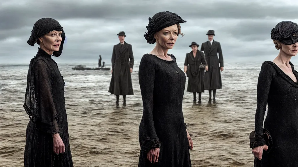 Image similar to photo of Helen McCrory and Annabelle Wallis coming out of the ocean, extreme detailed face, Peaky Blinders crew on the background, film still from the movie directed by Denis Villeneuve with art direction by Zdzisław Beksiński, wide lens