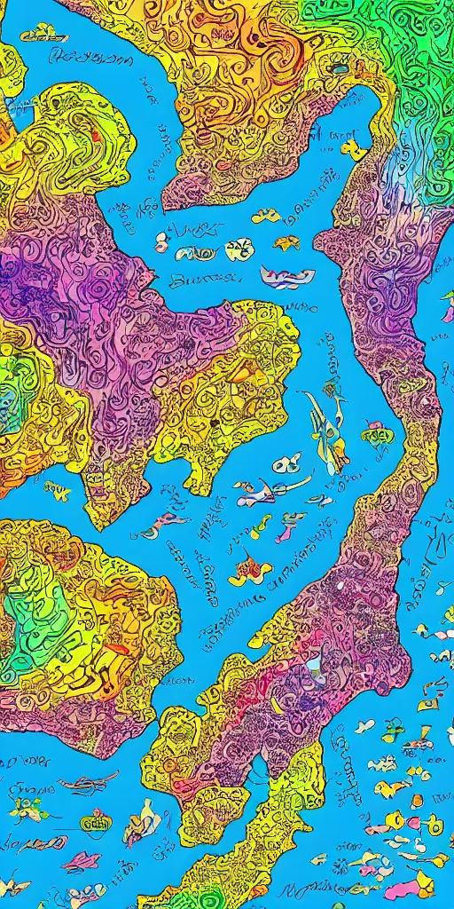 Prompt: infographic map of a heavenly realm split into regions with population information and statistics in the style of a three dimensional map highly detailed digital saturated colors full color inked drawn by bob ross and lisa frank