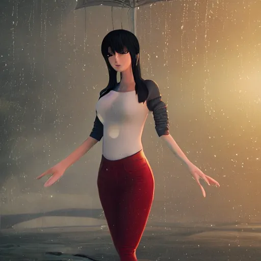 Image similar to beautiful anime woman in 3d style, wearing a tight sweater, perfect body, standing in the rain, high quality anime art, trending on artstation, 8K octane render