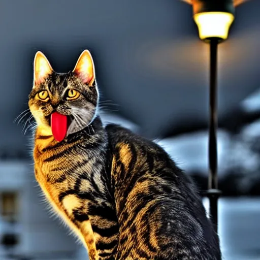 Prompt: Wow, the tongue of this cat is really stickinig to the lamp post! Poor thing, it's so cold. It's long tongue must be freezing.