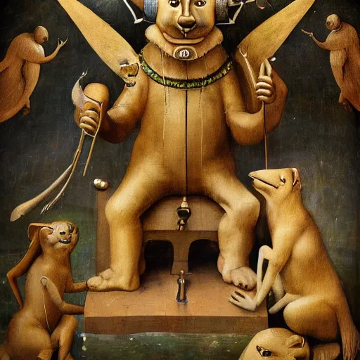 Image similar to anthropomorphic animals worshipping a monument to money, golden idol, by hieronymus bosch, ultra detailed, highly detailed, 8 k, trending on artstation, award - winning art,