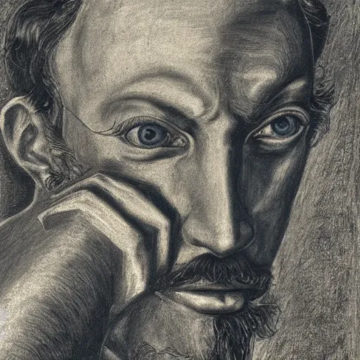 Image similar to Close-up of Don Quixote, pencil drawing. El Greco, Remedios Varo, Salvador Dali, Carl Gustav Carus, John Atkinson Grimshaw. Blue tint. Symetrical, logo, geometric shapes.