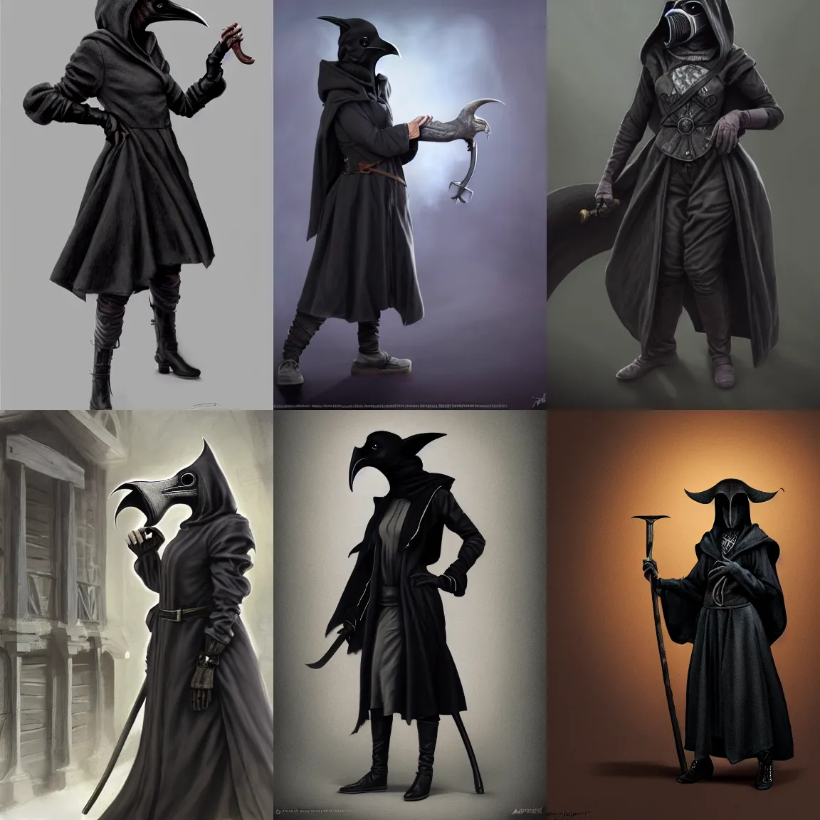 Prompt: Full body Picture of a female Plague doctor, jet black tuffle coat, beaked mask, battle, detailed face features, alone, D&D, by artgerm and Craig Mullins, James Jean, Andrey Ryabovichev, Mark Simonetti and Peter Morbacher, matte painting, trending on artstation, artstationHD, artstationHQ, octane, full HD, 16K, award winning