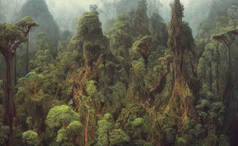 Prompt: redwood forest in a valley viewed from atop a mountain :: Indonesian treehouses and rope bridges strung between the crowns of the trees :: painting by Audobon, Carvaggio, Beksinski and Rembrandt