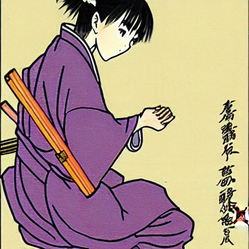 Image similar to anime art, a japanese woman holding a kanabo kneeling for an altar