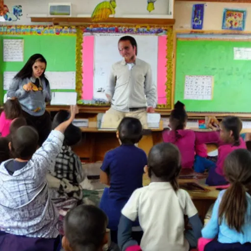 Prompt: a monkey teacher, in a monkey-full classroom, teaching a class about human beings