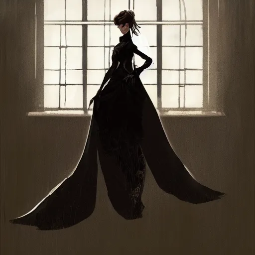 Image similar to portrait of a woman in a black dress standing in an elegant greenhouse garden, dramatic lighting, illustration by greg rutkowski, yoji shinkawa, 4 k, digital art, concept art, trending on artstation