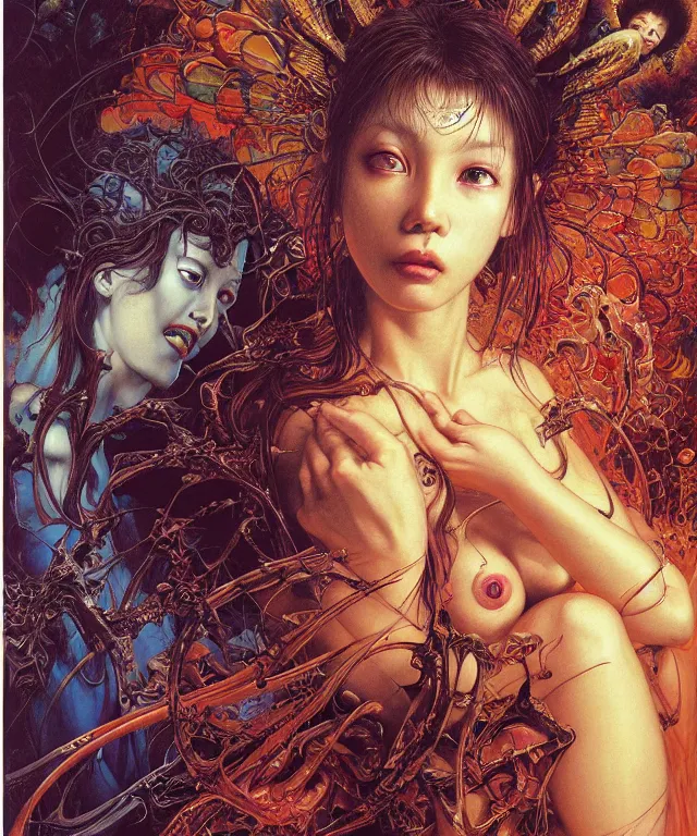 Prompt: realistic detailed image of a girl surrounded by an angel and a demon in an old bangkok apartment by Ayami Kojima, Amano, Karol Bak, Greg Hildebrandt, and Mark Brooks, Neo-Gothic, gothic, rich deep colors. Beksinski painting, part by Adrian Ghenie and Gerhard Richter. art by Takato Yamamoto. masterpiece