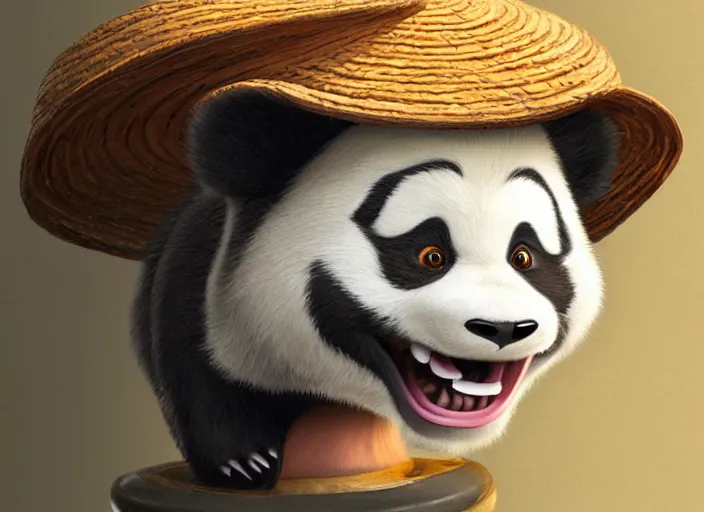 Image similar to award - winning detailed concept art of a cute iconic anthropomorphic panda character wearing a straw hat. art by wlop on bcy. net, realistic. detailed feathers, art by cheng yi. artstationhd, artgerm, 3 dcg, pixar zootopia. 3 d rendering, high quality model sheet, disney. model sheet detailed