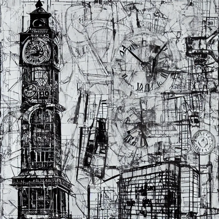 Image similar to a black and white drawing of a clock tower, a screenprint by robert rauschenberg, behance contest winner, deconstructivism, da vinci, constructivism, greeble