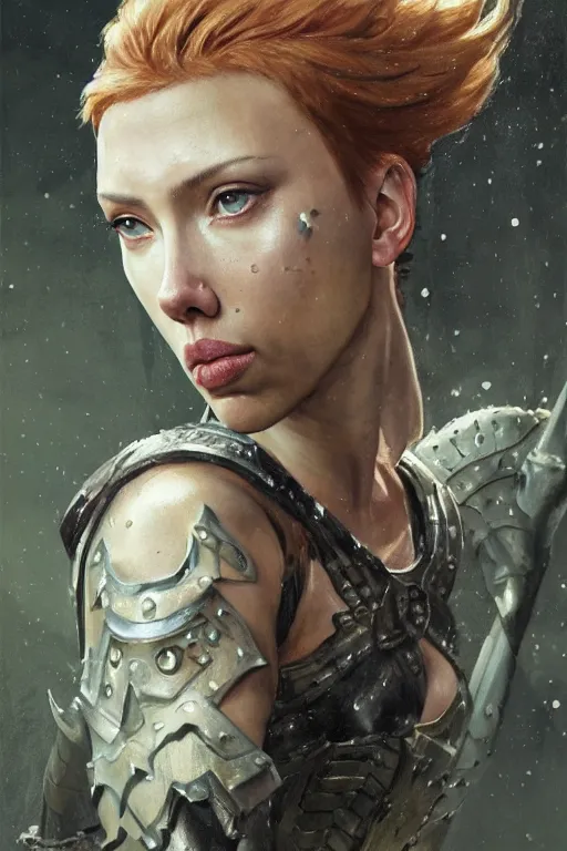 Image similar to scarlet johansson, legendary warrior, heroic fighter, dungeons & dragons, tattoos, decorative ornaments, battle armor, by carl spitzweg, ismail inceoglu, vdragan bibin, hans thoma, greg rutkowski, alexandros pyromallis, perfect face, detailed, sharply focused, centered, rule of thirds, realistic shading