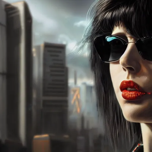 Prompt: cyberpunk, closeup portrait of a young chrissie hynde, razorgirl, sunglasses, black hair, dramatic light, city background, sunset, dystopian setting, high contrast, sharp, molly millions, neuromancer, painted by stanley lau, painted by greg rutkowski, painted by stanley artgerm, digital art, trending on artstation