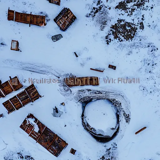 Image similar to abandoned mine and crates full of supplies buried in snow::2 snowy region on coast of Iceland, aerial drone perspective, top down view ::1 sattelite image of snow from 250 meters height, some coal boxes and barrels are covered in snow, old mine remains :: 1 post apocalyptic, snowstorm ::5