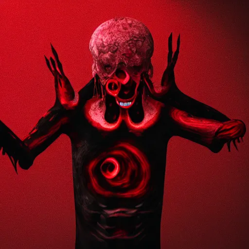 Prompt: octane render of body horror, sharp dark shadows, heavy red and black color contrast by trevor henderson and junji ito