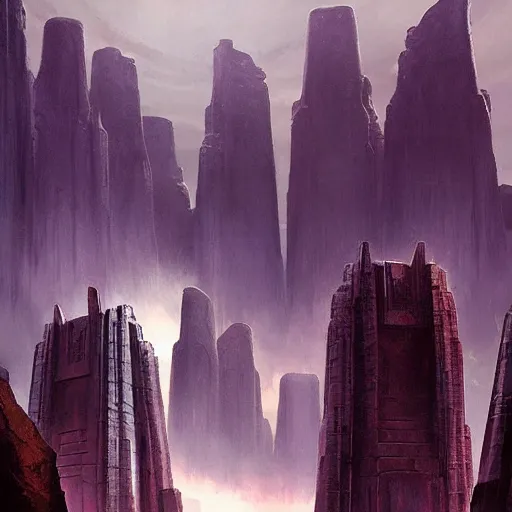 Prompt: pulp fantasy concept art painting of an alien civilisation, sacred monoliths, futuristic, technocracy, toxic, shrines, by greg rutkowski and james gurney