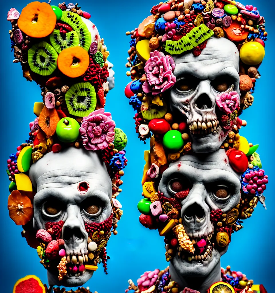 Image similar to portrait headshot of a zombie punk, head made of fruit gems and flowers in the style of arcimboldo, john currin, photorealistic, dynamic lighting, action figure, clay sculpture, claymation, dull blue cloudy background,