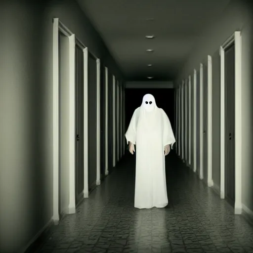 Image similar to Sinister ghost of an old crone with sunken eyes and a grimace smile standing ominously at the end of a dark corridor. Horror HD photo