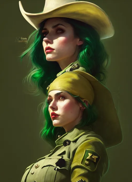 Prompt: female sheriff, beautiful girl, full body, green hair, cowboy hat, realistic, serov, surikov, vasnetsov, repin, kramskoi, insanely detailed, charlie bowater, tom bagshaw, high resolution, octane rendered, unreal engine, illustration, trending on artstation, masterpiece, 8 k