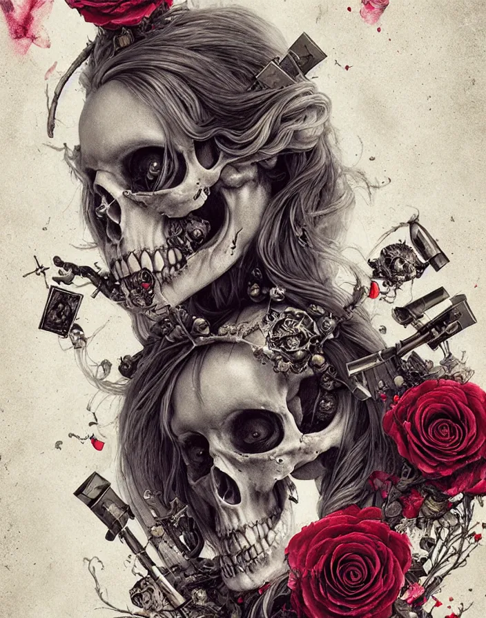 Image similar to Alice in Wonderland,roses, bullets, guns,death tarot card,highly detailed,half skull face,cinematic,8k,by Stanley Artgermm,Tom Bagshaw,Greg Rutkowski,Carne Griffiths, Ayami Kojima, Beksinski, Giger,trending on DeviantArt,hyper detailed,horror, full of colour